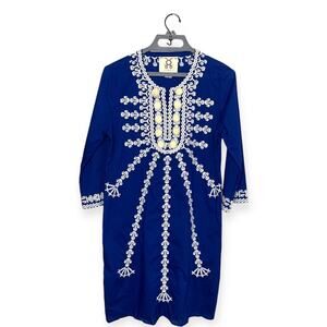 Figue royal blue pom pom adorned Sophie dress 100% cotton 3/4 sleeves women’s M